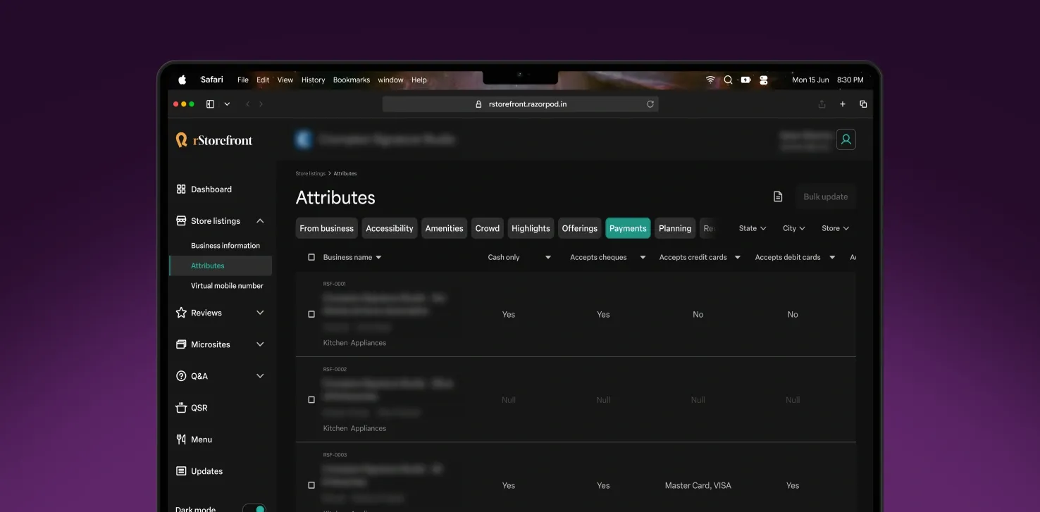 Store listings - Attributes - Payments (Dark theme)